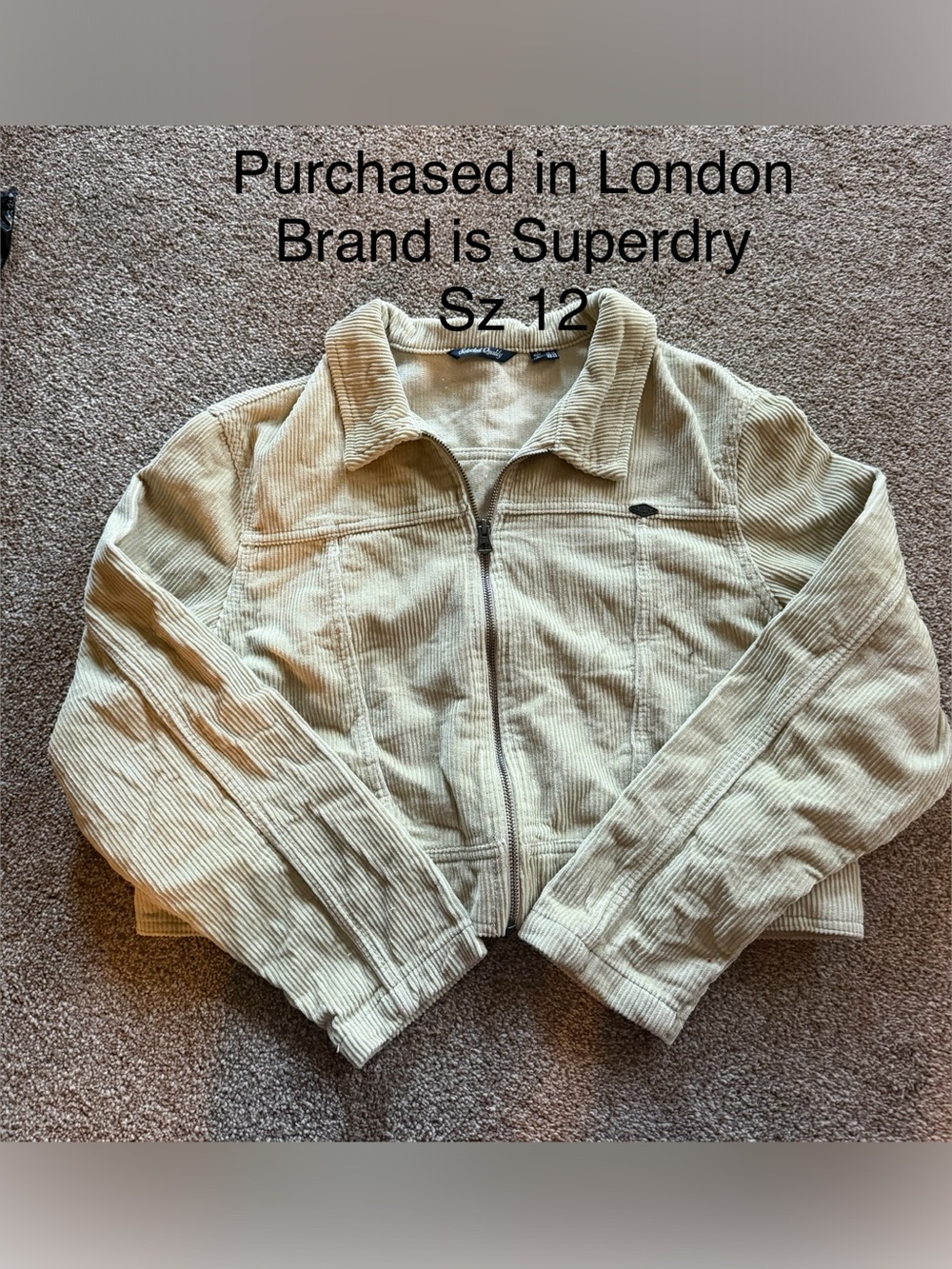 Superdry Light Beige Corduroy Zip-Up Jacket Sz 12 BOUGHT IN LONDON